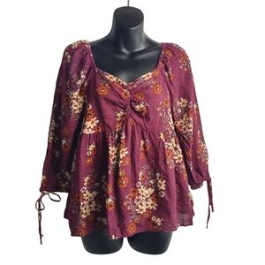 Hayden Women's Burgundy Floral  Smocked Back 3/4 Tie Sleeve Blouse Sz M NWOT